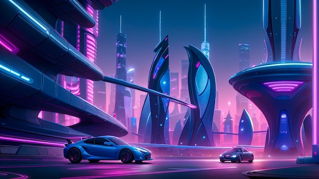 extraordinario y único paisaje urbano futurista con vibrantes luces de neón