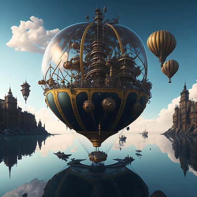 extraordinários balões steampunk em grande escala flutuando acima da água ilustrações generativas ai