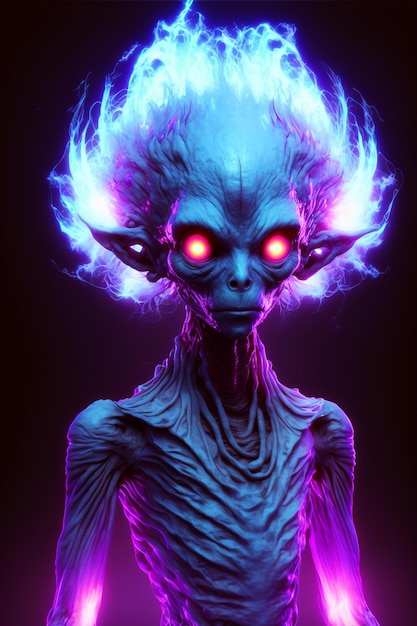 Un extraterrestre azul con ojos rojos y ojos rojos.