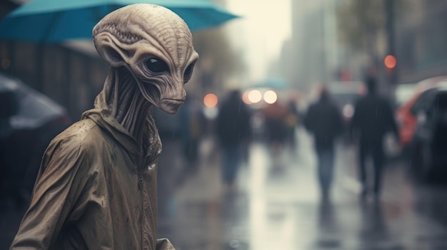 Extraterrestre caminando por la ciudad