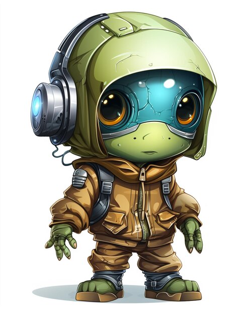 Extraterrestre de desenho animado com fones de ouvido e uma jaqueta verde