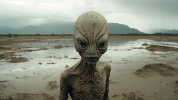 Extraterrestre enigmático em terreno alienígena chuvoso