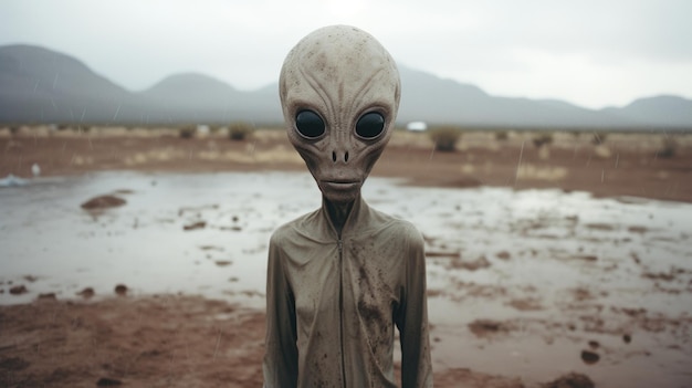 Extraterrestre enigmático em terreno alienígena chuvoso