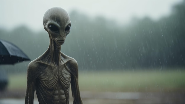 Extraterrestre enigmático em terreno alienígena chuvoso