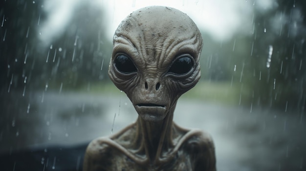 Extraterrestre enigmático en terreno alienígena lluvioso