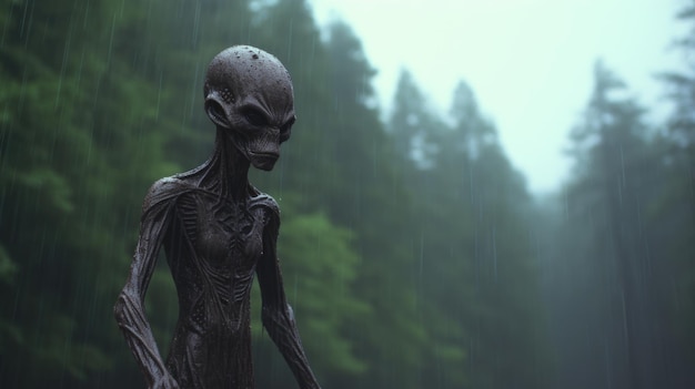 Extraterrestre enigmático en terreno alienígena lluvioso