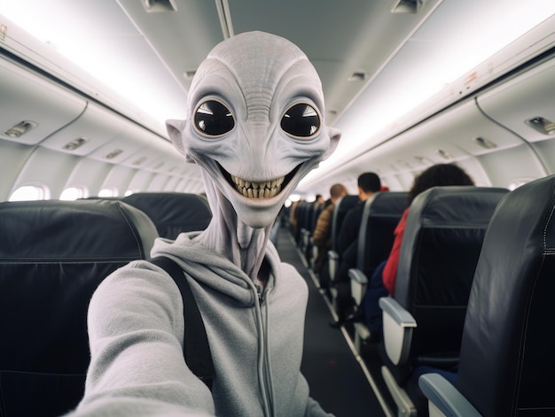 Un extraterrestre gris y delgado con ojos negros sonríe mientras se toma una selfie frente a un avión