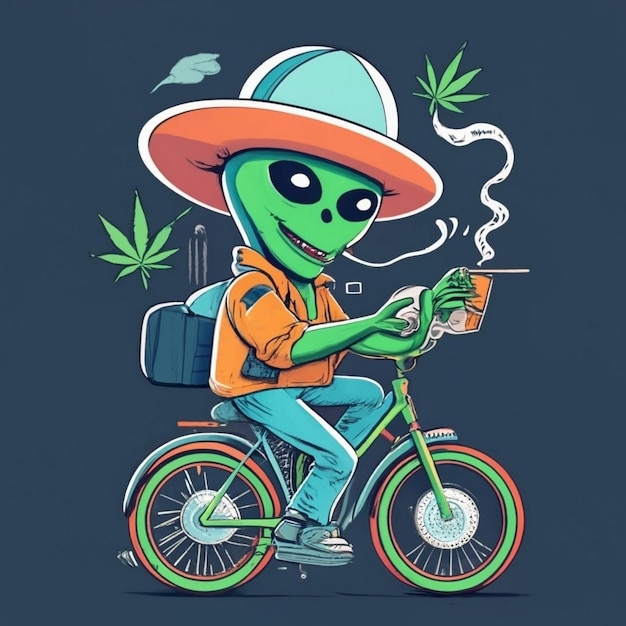 Foto extraterrestre monta una bicicleta dibujo grabado ilustración vectorial