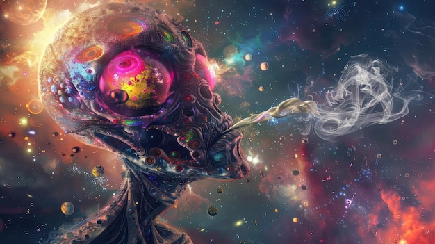 Extraterrestre de ojos grandes en el espacio fumando arte psicodélico generado por la IA