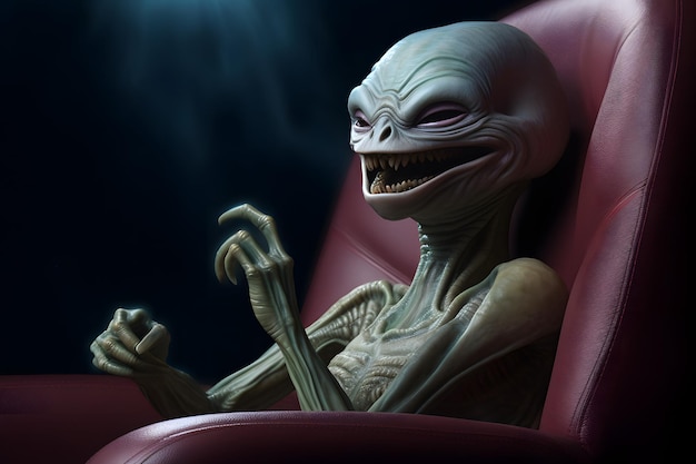 extraterrestre sentado en una silla de cine comiendo palomitas de maíz riendo