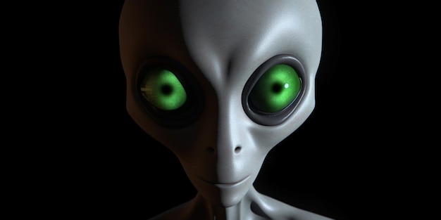 Un extraterrestre verde con ojos grandes está en la oscuridad.