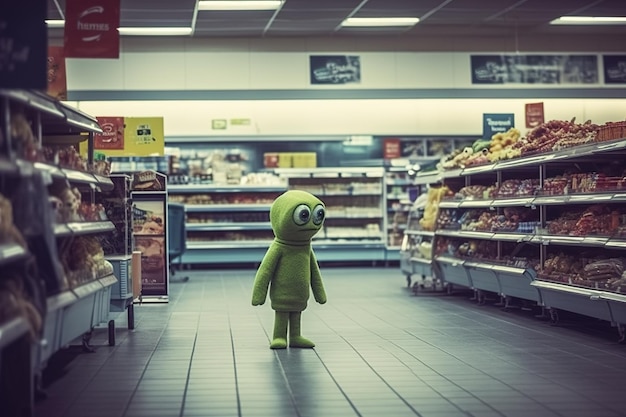 Un extraterrestre verde en un supermercado.