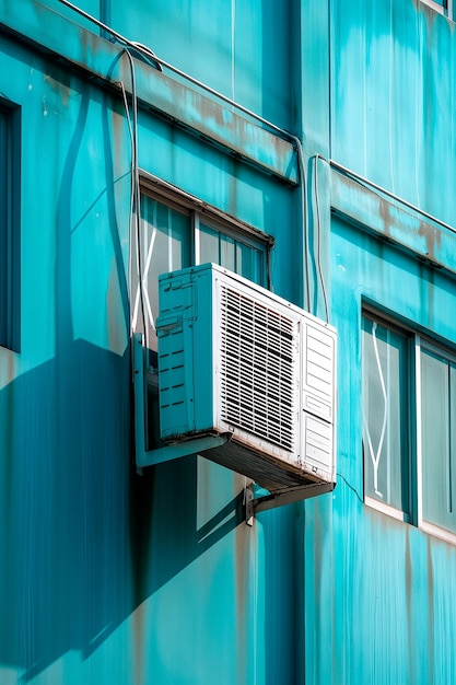 Extrator de ar condicionado branco em uma fachada com cores pastel conceito de aquecimento global