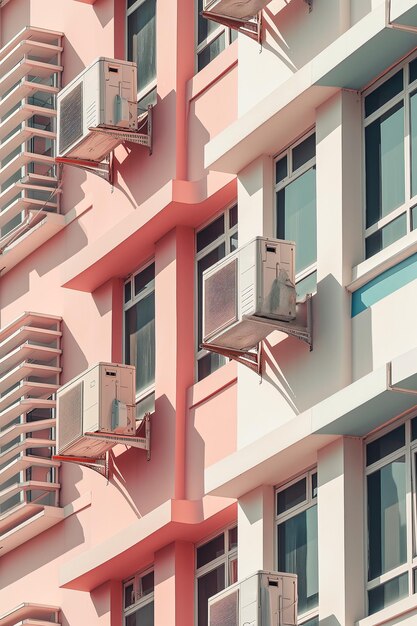 Extrator de ar condicionado branco em uma fachada com cores pastel conceito de aquecimento global