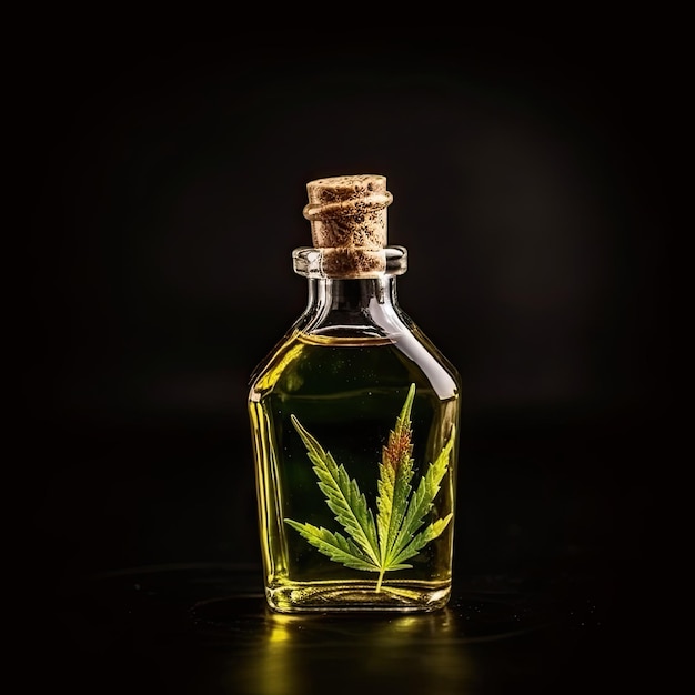 Extratos de óleo de cannabis medicinal em frasco e cannabis verde deixam frasco de vidro de medicina alternativa com CBD OIL AI generative