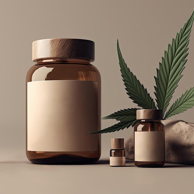 Extratos de óleo de cannabis medicinal em frascos e folhas verdes de cannabis medicina alternativa Diferentes frascos de vidro com CBD OIL AI generative