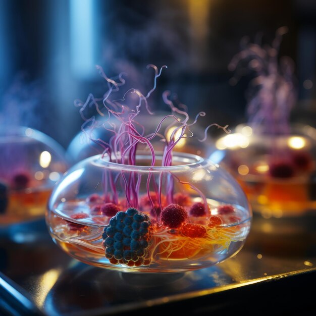 Foto extravagancia de arte culinario revelando el increíble café de gastronomía molecular de cerca y en alta resolución