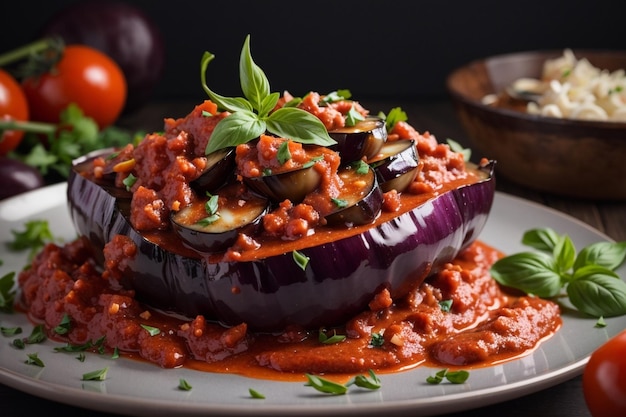 Extravagancia de berenjena a la parrilla con salsa de tomate