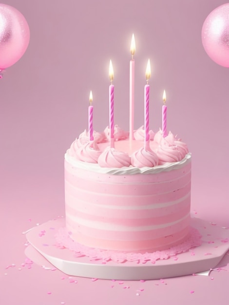 Extravagância de aniversário rosa Bolo de aniversário rosa com uma variedade de velas de aniversário rosa