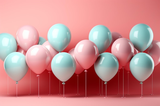 Extravagancia de globos 3D con globos pastel en fondo rosa listos para cumpleaños