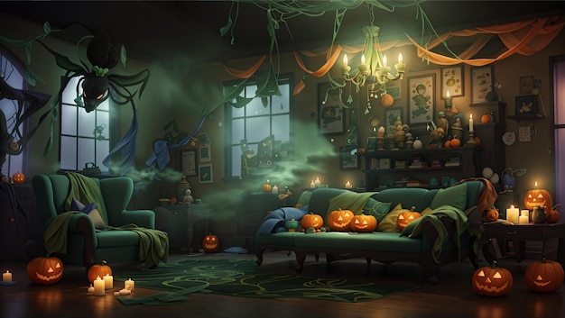 Extravagante sala de estar decorada con Halloween