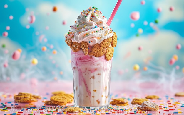 Extravaganter Milchshake mit Kekse und Schlagsahne inmitten einer Spritzexplosion