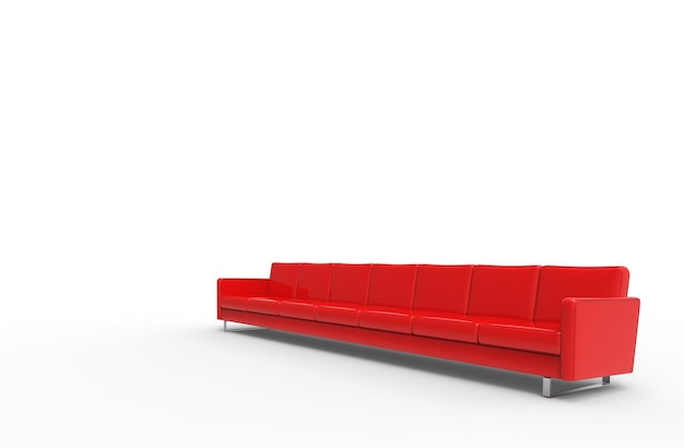 Extrem langes rotes Sofa isoliert auf weißem Hintergrund 3D-Rendering3D-Rendering