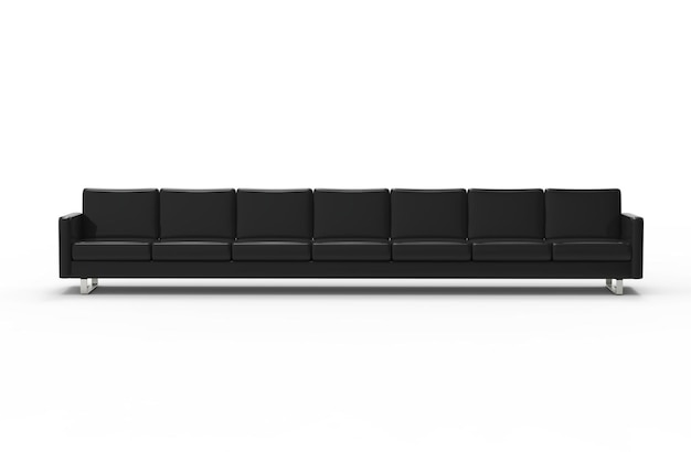 Extrem langes schwarzes Ledersofa isoliert auf weißem Hintergrund 3D-Rendering