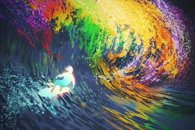 Extrem-Surfer reitet eine bunte Ozeanwelle, Illustrationsmalerei
