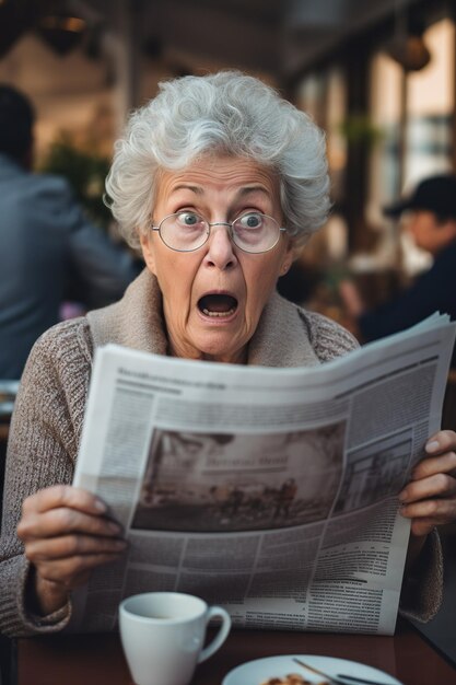 Extrema mulher idosa chocada e surpresa lendo jornal pela manhã no café