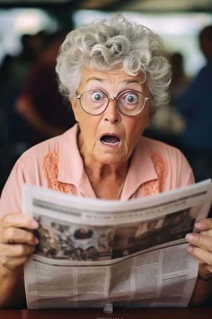 Foto extrema mulher idosa chocada e surpresa lendo jornal pela manhã no café