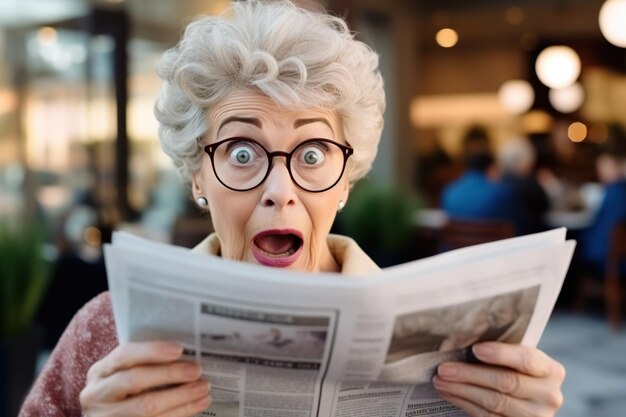 Foto extrema mulher idosa chocada e surpresa lendo jornal pela manhã no café