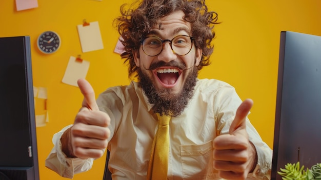 Foto extremamente geek nerd de computador sentado em um computador dando um grande polegar para cima com um grande sorriso em seu f