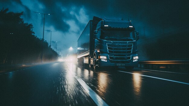 Extreme Nahaufnahme eines Lastwagens, der nachts auf einer Autobahn fährt