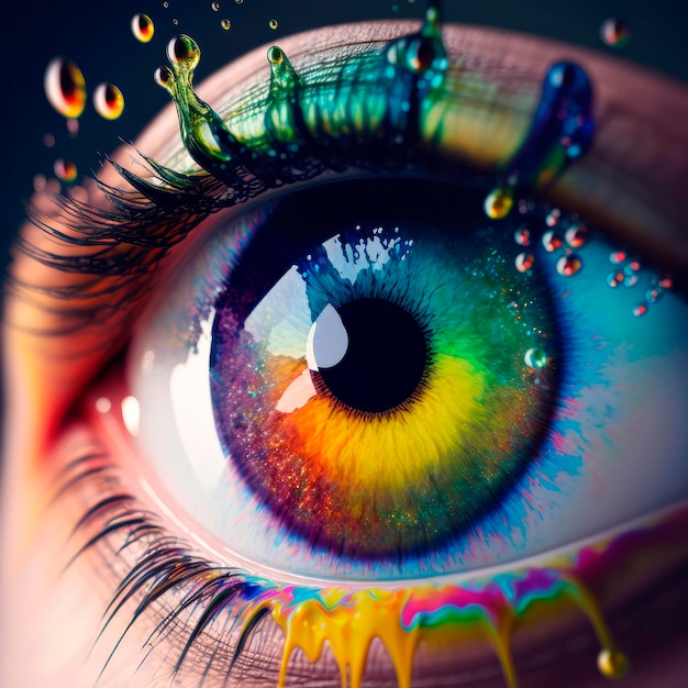 Extreme Nahaufnahme eines menschlichen Auges, eine Explosion von Farben um ihn herum und farbenfrohe Iris Generative AI