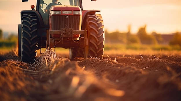 Extreme Nahaufnahme eines Traktors, der an einem Sonnenuntergang auf einer Plantage arbeitet