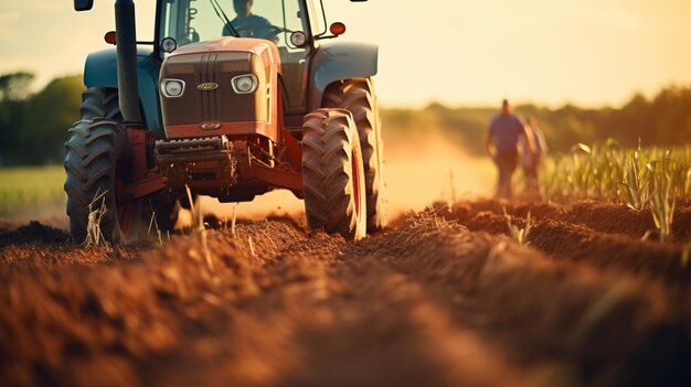 Extreme Nahaufnahme eines Traktors, der an einem Sonnenuntergang auf einer Plantage arbeitet