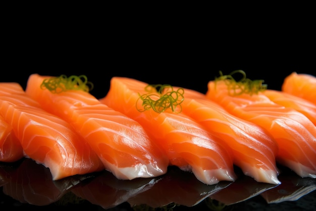 Extreme Nahaufnahme saftiger Lachs-Sashimi-Scheiben mit leuchtenden Orangetönen