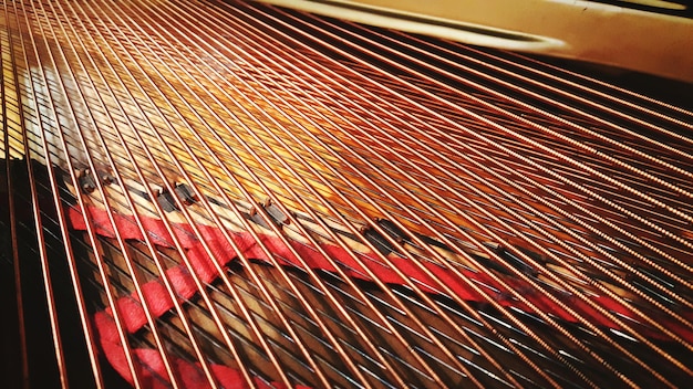 Extremo primer plano de las cuerdas del piano