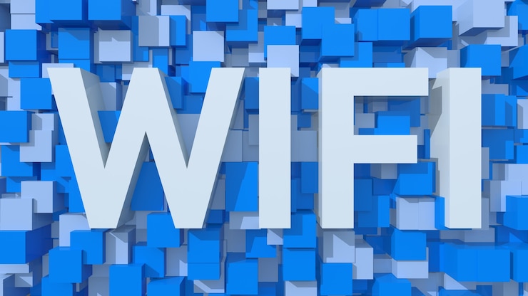 Foto extrudierter wi-fi-text mit blauem abstraktem hintergrund, gefüllt mit würfeln