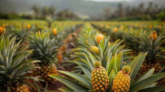 Foto una exuberante y atractiva escena de una plantación de piñas con las intrigantes plantas alineadas perfectamente