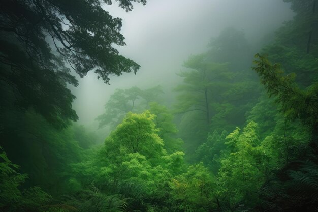 Exuberante bosque verde envuelto en brumosa niebla matutina creado con ai generativo