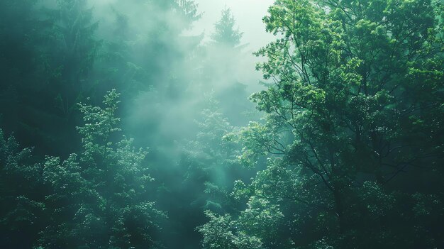 El exuberante bosque verde está iluminado por la suave luz del sol los árboles son altos y majestuosos sus ramas se extienden hasta el cielo