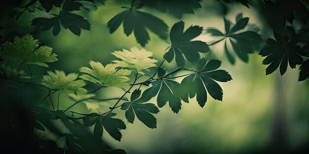 Exuberante bosque verde con follaje en primer plano