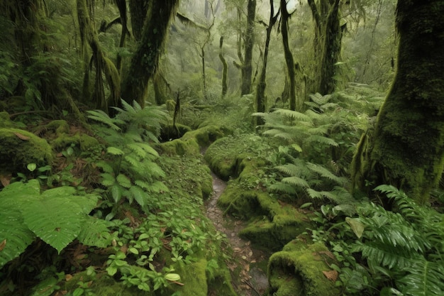 Un exuberante bosque verde lleno de muchos árboles IA generativa