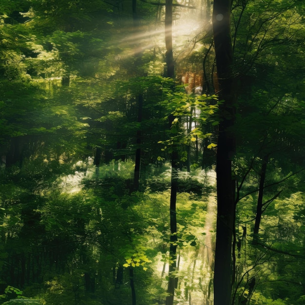 Exuberante bosque verde con luz solar asomando