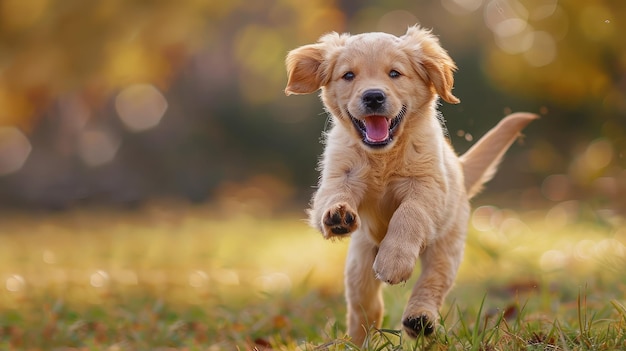 Exuberante cachorro de Golden Retriever disfrutando de una carrera en un prado soleado IA generativa