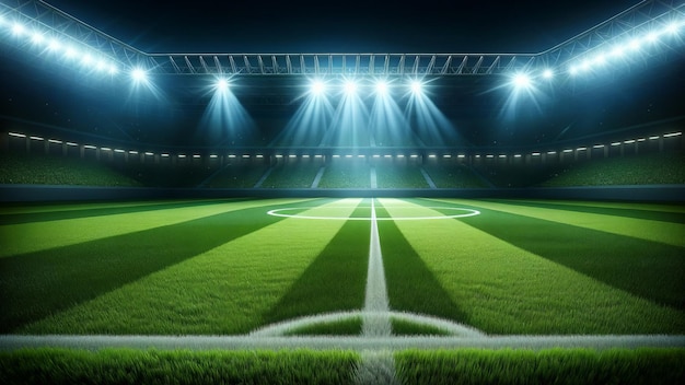 Exuberante campo de fútbol verde bajo las brillantes luces del estadio