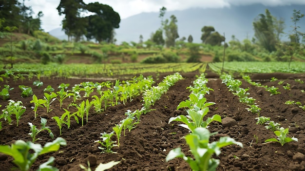 Un exuberante campo verde de plantas jóvenes se extiende ante ti la rica tierra oscura está cultivada y lista para la próxima cosecha