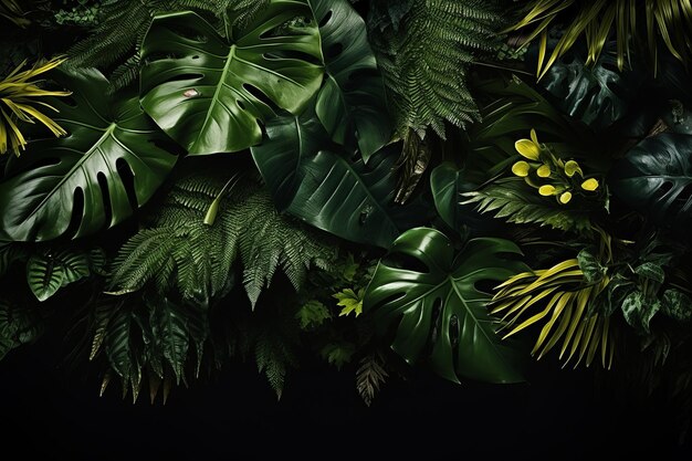 Foto el exuberante follaje verde del bosque tropical con hojas vibrantes de la naturaleza en un cautivador fondo de poca luz